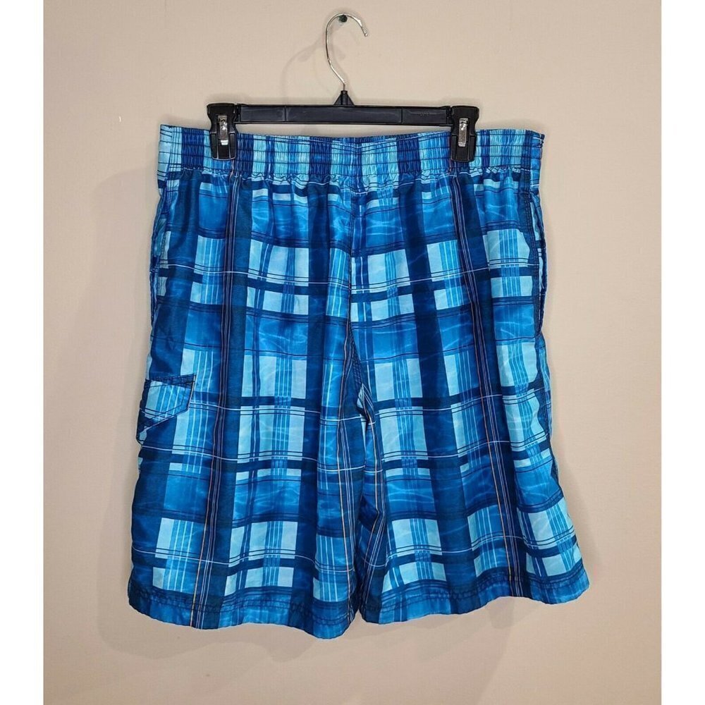 SPEEDO Swim Trunks/ Board Shorts mens large Black Blue And White plaid Pockets - Picture 3 of 4